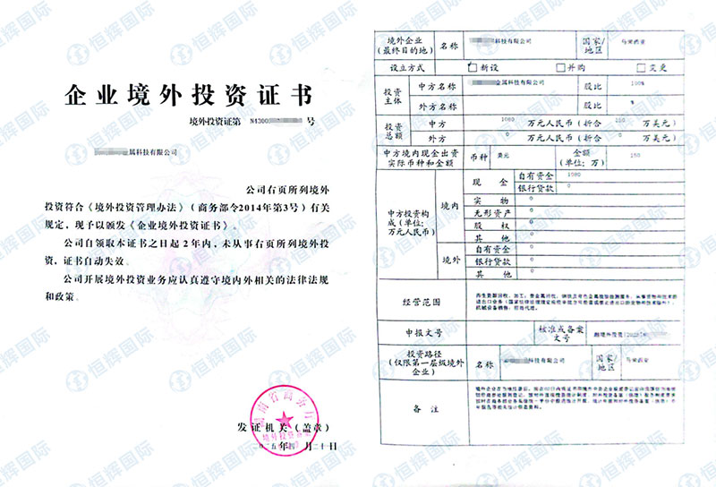 湖南长沙公司投资马来西亚ODI备案证书