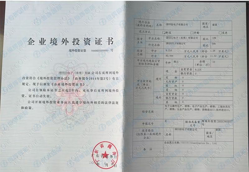 深圳电子公司投资泰国办理ODI境外投资备案
